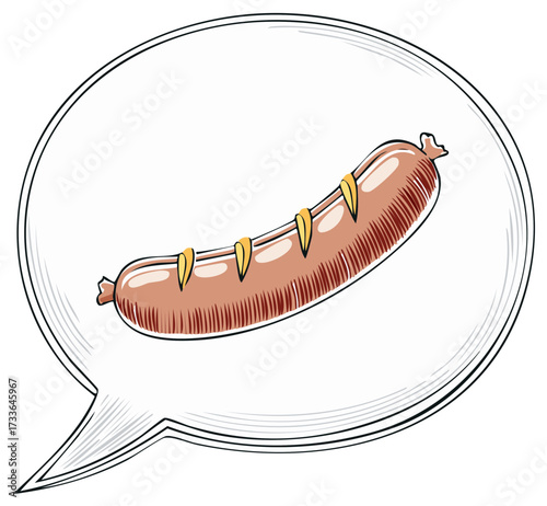 Illustration of a grilled sausage with mustard in a speech bubble