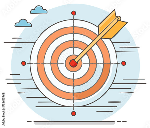 Center shot arrow hits the bullseye for success, targeting precision concept, reaching goals strategy, flat vector design