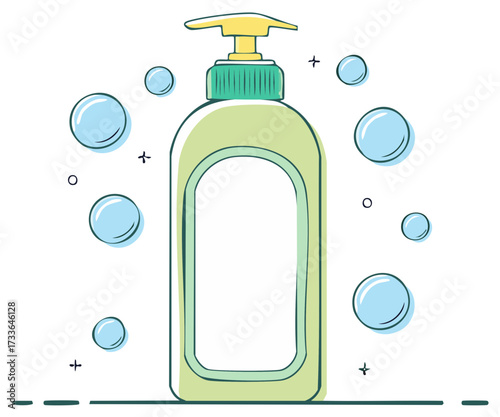 Stylized Hand Soap Bottle with Bubbles for Health and Wellness Product Packaging