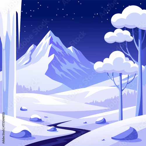 Serene winter landscape illustration at night with snowy mountains and a winding stream, offering ample copy space for seasonal designs and greetings