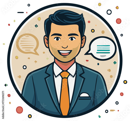 Smiling businessman in suit with speech bubbles inside a circle illustration