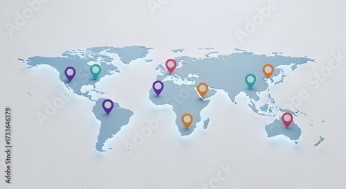 A glowing 3D world map with colorful location pins highlights global presence and connection on a clean white background. wallpaper