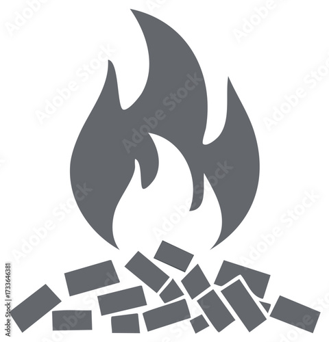 Simple gray vector icon of a bonfire with flames and burning charcoal or wood embers