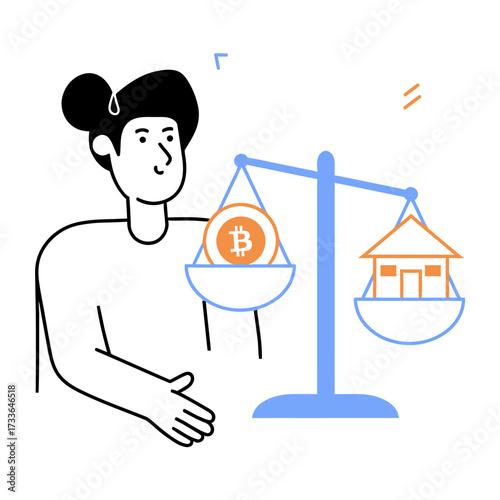 Weighing Bitcoin against housing assets a digital currency versus real estate investment decision concept visualized on a balance scale