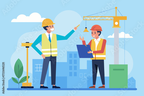 Construction Workers Discussing Plans at a Construction Site with Crane