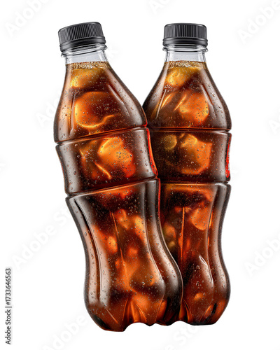  Refreshing beverage: Two bottles of cool, carbonated beverage, filled with ice cubes. The perfect visual refreshment.