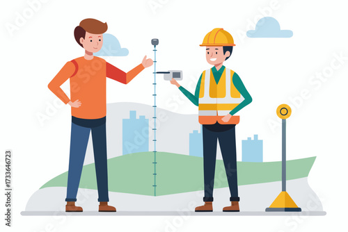 Two construction workers surveying a site with modern equipment and cityscape