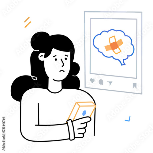 Digital mental health support concept a phone screen displays a bandaged brain symbolizing healing and recovery for online wellness communities and therapy platforms