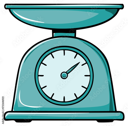 Vintage teal kitchen scale illustration with dial, measuring ingredients for cooking or baking