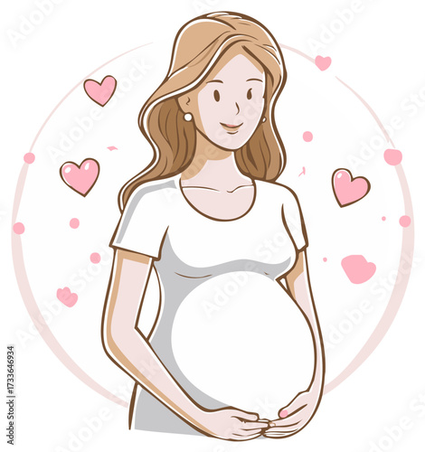 Pregnant woman with hearts and love in an illustration