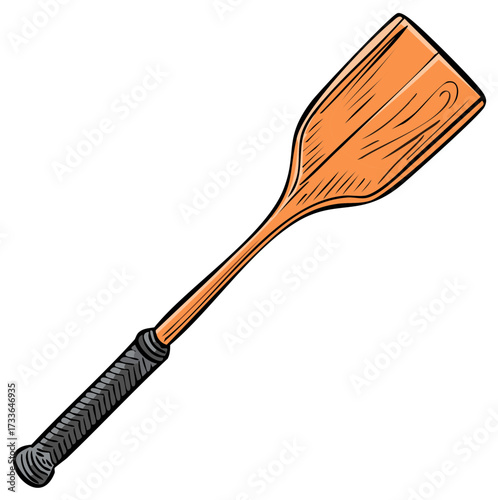 Illustration of an isolated rowing paddle. Oar for boating and kayaking.  Water sports equipment icon with wooden texture and a rubber grip