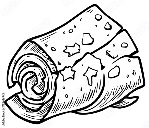Ink drawing of rolled parchment paper with torn edges, black and white sketch.