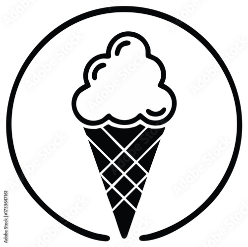 Ice Cream Cone Inside Circle Food Icon Black and White Minimalist Design Sweet Treat Logo