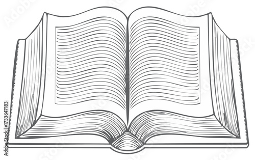 Line art illustration of an open book with blank pages for inserting text or images