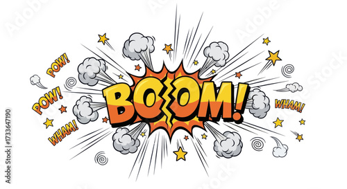 A comic book style explosion graphic with the word "BOOM!" in large, bold, yellow and orange letters, surrounded by smoke clouds, stars, and action lines.