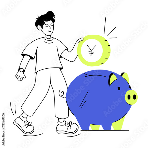 Whimsical blue piggy bank with a bright yellow halo symbolizing financial security and smart savings for a prosperous future, perfect for banking and investment concepts