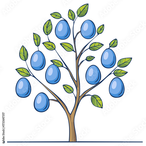 Stylized cartoon fruit tree with abundant blue plums and green leaves vector illustration