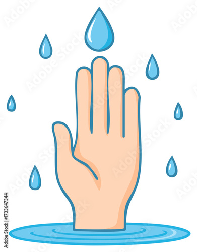 Cartoon Hand Soaking in Water with Falling Drops