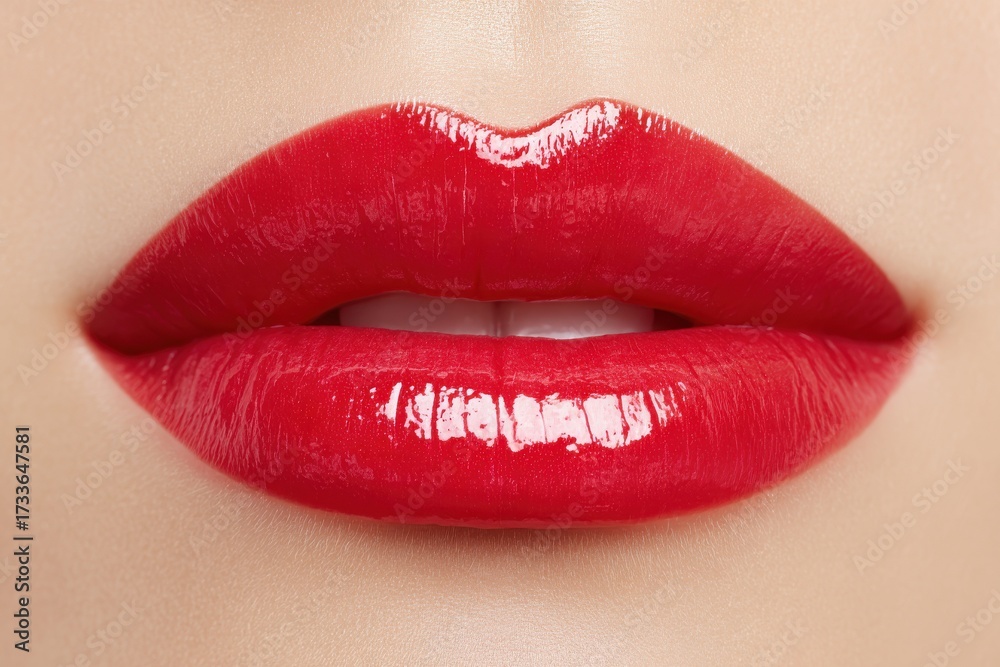 Obraz premium Crimson Kiss: A close-up of a pair of full, inviting lips, vividly painted in a radiant shade of crimson, hinting at the intimacy and allure of beauty.