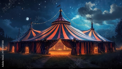 A large circus tent at night, illuminated, under a starry sky