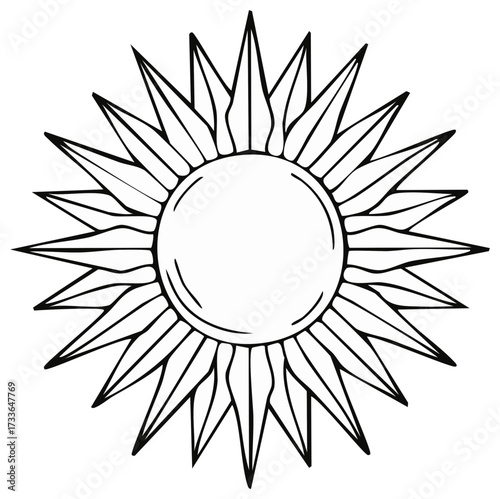 Bold celestial sun burst featuring sharp rays emanating from a central sphere radiating energy and graphic design elements in black and white