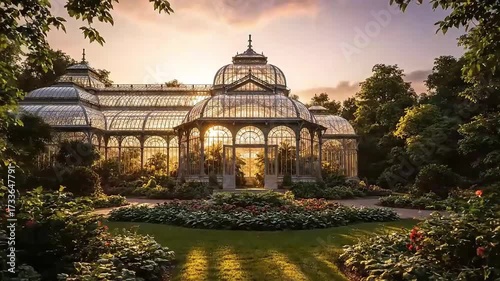 Golden Hour Grandeur Majestic Glass Conservatory and Lush Botanical Gardens Bathed in Warm Sunlight a Serene Victorian-style Greenhouse at Sunset or Sunrise