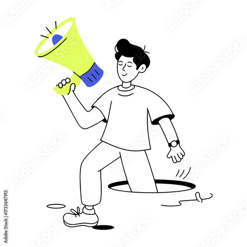 Vibrant yellow and blue megaphone illustration announcing important news, perfect for marketing campaigns and public announcements, conveying energy and attention grabbing messages with clear communic