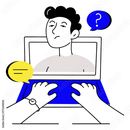 Person pondering with speech bubbles and question mark, symbolizing communication challenges and seeking answers in modern business discussions