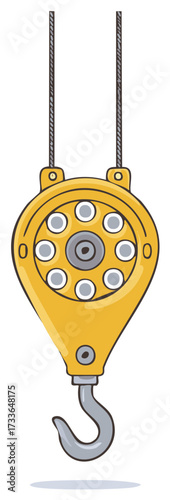Hand drawn vector illustration of a yellow industrial crane hook with pulley system.