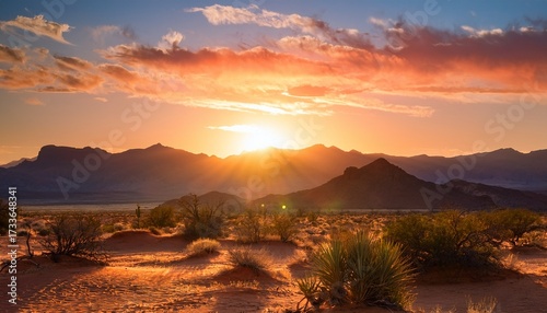 Beautiful Illustration Of Warm Western Desert Sunset With Mountains Landscape Ai Generated Image
