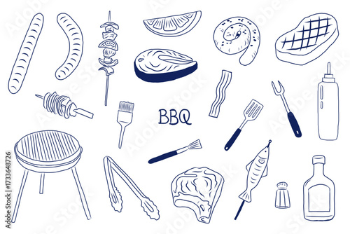 Barbecue doodle sketch hand draen element - vector illustration set