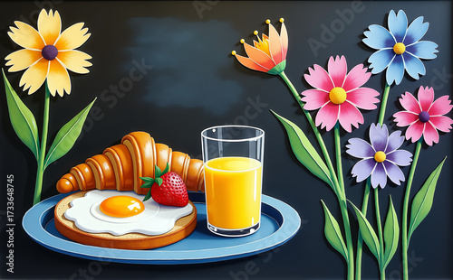 Colorful breakfast with croissant, egg, strawberries, and juice surrounded by flowers for International Women's Day