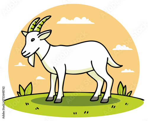 Standing white goat illustration with green horns on grassy field beneath a cloudy sky