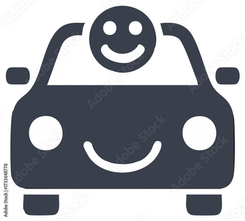 Smiling Car Icon Symbol with Happy Face on Windshield Front View