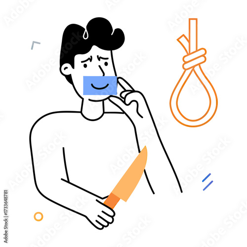 Dramatic visual depicting dark themes of despair and distress with symbolic items like a noose, knife, and a sad face, conveying difficult emotional states and mental health struggles.