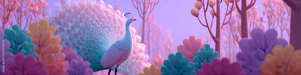 Fototapeta premium Elegant Peacock and Mysterious Landscape (Horizontal)