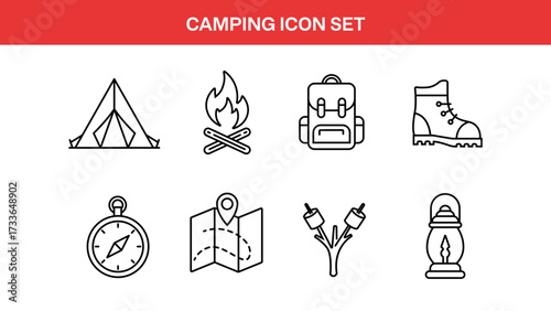 Camping Line Icon Set – Tent, Campfire, Backpack, Hiking Boot, Compass, Map, Marshmallows, Lantern