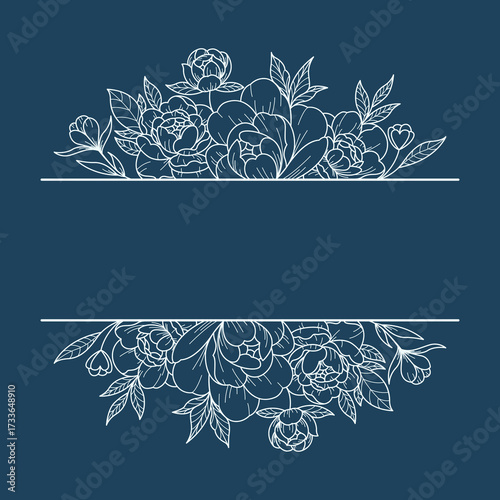 Decorative Floral Border Vector Design Images, Title Name Border flower Hand Draw Decoration, Name Border, leaf Hand Draw. flower frame with blue flowers. Hand drawn mono line floral background.