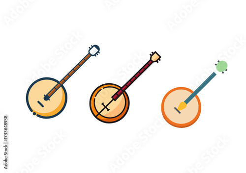 Three colorful flat design banjo illustrations on black background