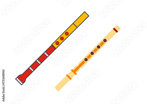 Two colorful wooden flutes on a black background