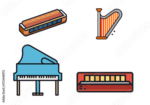 Colorful flat icons of musical instruments on a black background