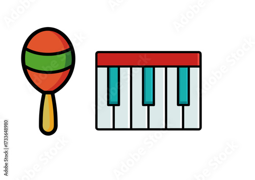 Colorful musical instruments maraca and piano keyboard icons