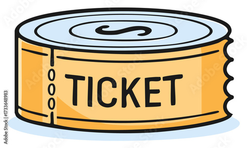 Yellow ticket roll cartoon illustration for event admission raffle or movie