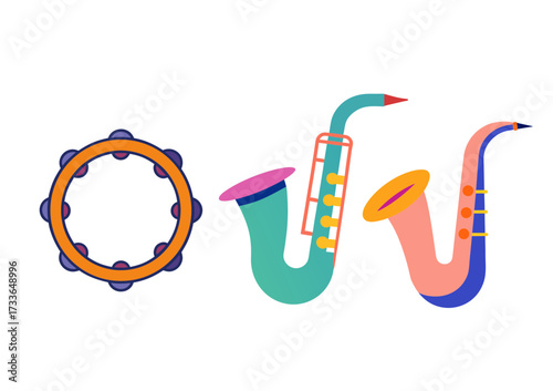Colorful musical instruments tambourine and saxophones on black background