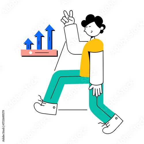 Dynamic graphic shows person with upward trend arrows symbolizing growth, progress, and successful business development for modern concepts