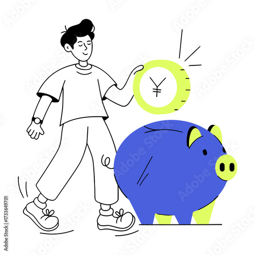 Whimsical blue piggy bank with a bright yellow halo symbolizing financial security and smart savings for a prosperous future, perfect for banking and investment concepts