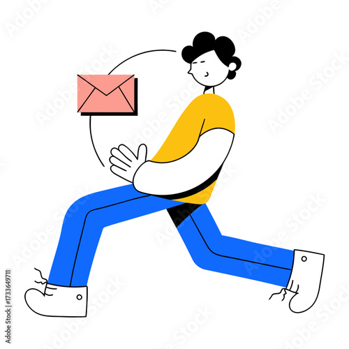 Dynamic person in motion delivering important correspondence, capturing the essence of swift communication and modern delivery services with a playful, energetic style.