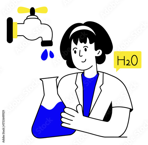 Tap dispenses clear water droplets with H2O bubble, symbolizing hydration and refreshment for a healthy lifestyle, perfect for wellness and science concepts.