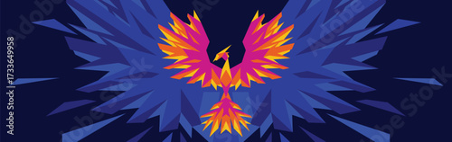 Phoenix banner with fiery bird spreading wings on a blue background - geometric low-poly mythical creature vector illustration with vibrant orange and pink colors