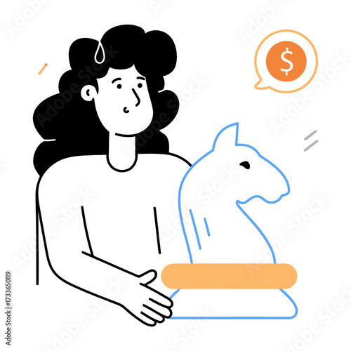 Strategic chess knight thinking about financial gains, symbolizing smart business decisions and investment opportunities with a glowing neon effect and dollar sign